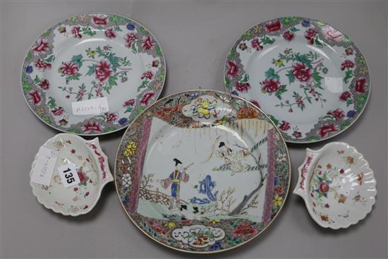Two Chinese export famille rose shell dishes, a similar plate and two Spode stone china plates